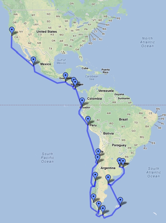 Map of North and South America with the cruise itinerary marked