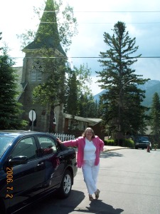 Heather & new car in Banff