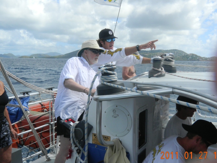 Tony piloting an ocean-going Catamaran