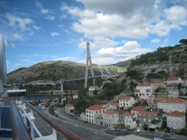 A modern suspension bridge as seen from the cruise ship
