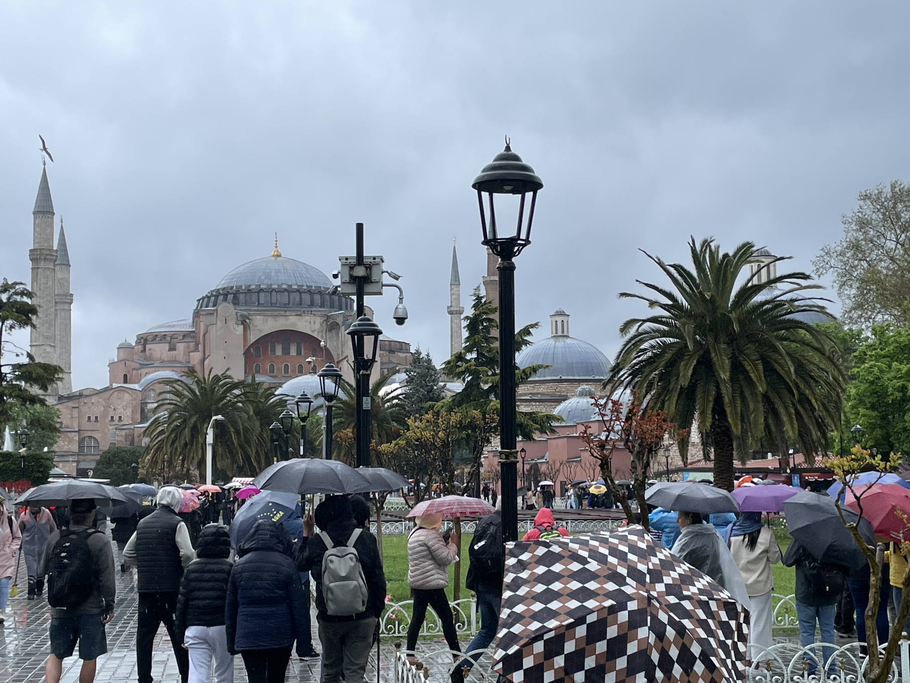People undeer umbrellas walking towards the Hagia Sophia mosque